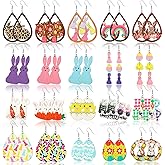 Sasylvia 20 Pairs Easter Earrings Bulk Wooden Easter Day Dangle Earrings for Women Cute Colorful Rabbit Egg Drop Jewelry Gifts for Holy Week Holiday Festive Party