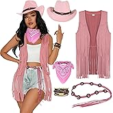 GERVAISE Womens Western Cowgirl Costume 70s Hippie Tassels Fringe Vest outfit Hat 5pcs