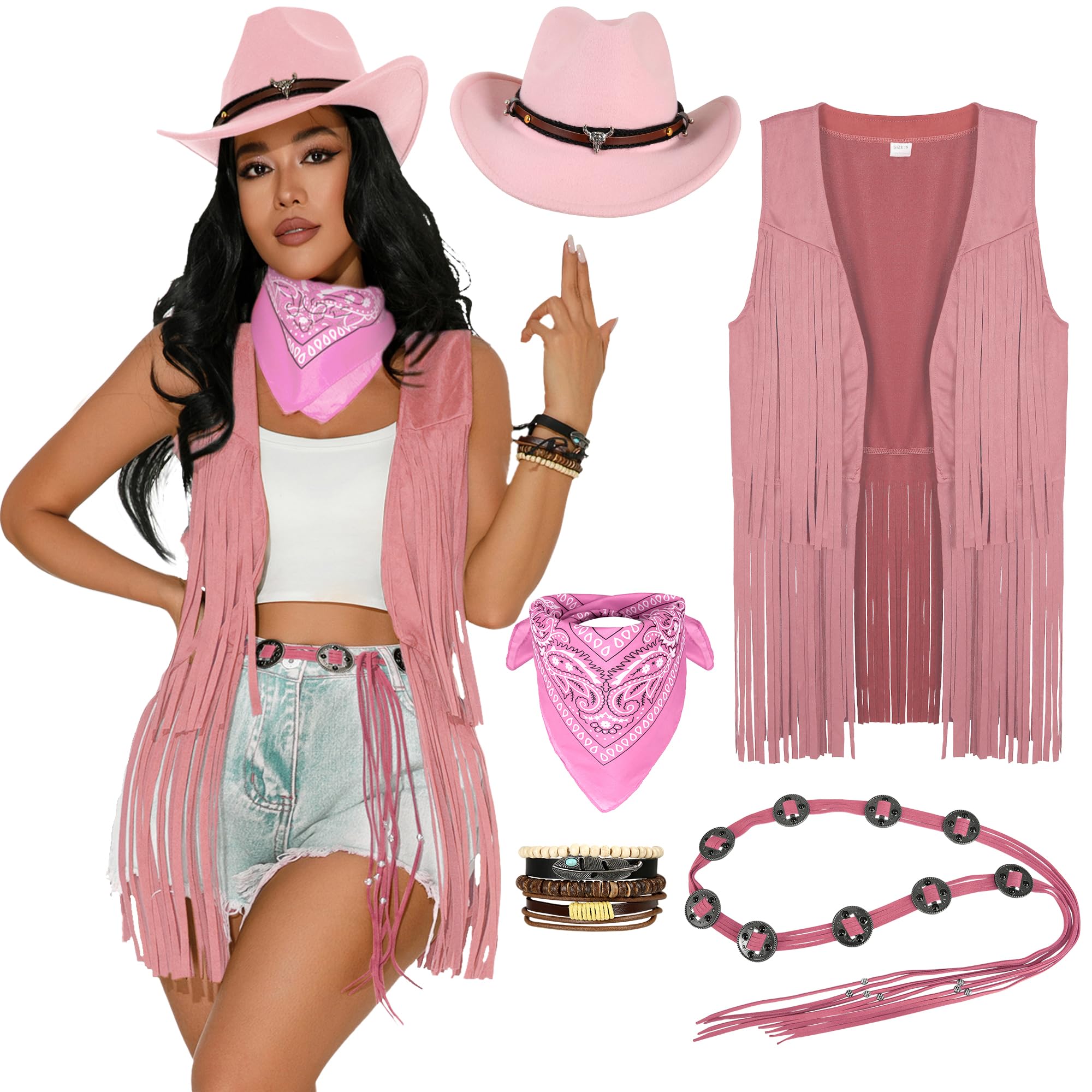 View 1 of ***MISSING PIEDCES SELLING AS IS*** GERVAISE Women's Western Cowgirl Costume 70s Hippie Tassels Fringe Vest outfit Hat 2pcs (Pink, Large)