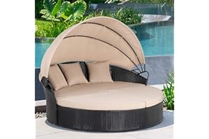 JY QAQA PET JY QAQA Patio Furniture Outdoor Lawn Backyard Poolside Garden Round Daybed with Retractable Canopy Wicker Rattan Sectional Round Sofa, Seating Separates Cushioned Seats Beige…