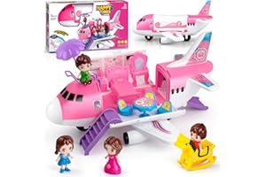 XDUOYJOY Pink Airplane Toy for Kids, Plane Toys with Dolls, Furniture and Accessories for Boys Girls Birthday, Toy Aircraft Push and Go Action, Easy to Store
