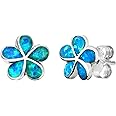 Sterling Silver Plumeria Flower Stud Earrings with Simulated Blue Opal