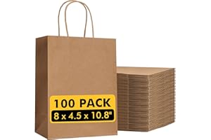 RACETOP Brown Paper Bags with Handles Bulk 100Pcs 8x4.5x10.8 Inch Gift Bags Bulk, Brown Kraft Paper Bags for Retail, Party, Shopping, Favor