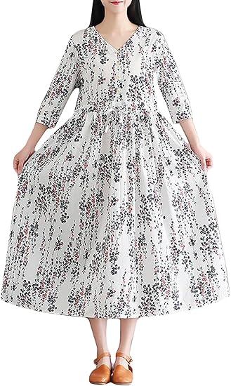 Amazon Mengfan 花柄 ワンピース 綿 レディース 半袖 夏 ロングワンピース Vネック 森ガール ナチュラル風 ワンピース ドレス ゆったり 大ぶり カジュアル おしゃれ 通勤 通学 ファッション ワンピース チュニック 通販