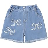 Hilinker Girls Jean Shorts Graphic Raw Hem Elastic Waist Summer Cute Denim Shorts with Pockets