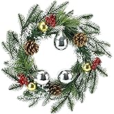 Artificial Christmas Wreath with Balls, 16" Christmas Wreath for Front Door with Pine Cones Red Berries and Norfolk Pine Door Wreaths Winter Decoration for Wall Indoor Outdoor Home Decor