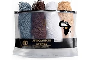 BELLANOMI 4 Piece African Exfoliating Net Sponge Long African Bath Sponge, Authentic Ethically Sourced from Nigeria, Great for Daily Use (Slate, Brown, White, Champagne Gold)