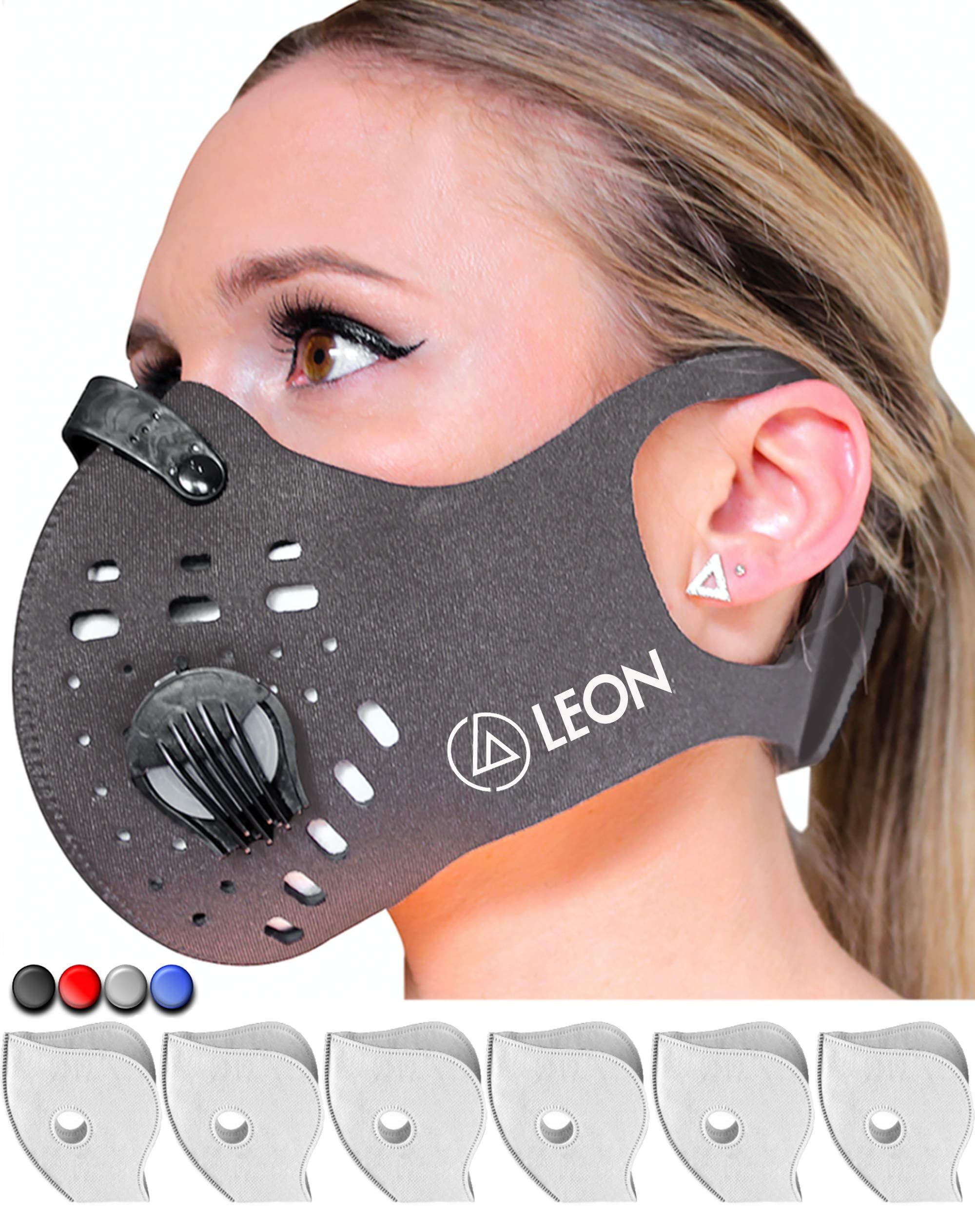 (Grey) LEON N99 Dust Mask with 6 Carbon Activated Filters | Reusable Washable Anti Dust Mask | Non Slip Safety Mask | Dustproof Anti Pollution Smoke Air Respirator | Outdoor Mowing Woodworking Allergy
