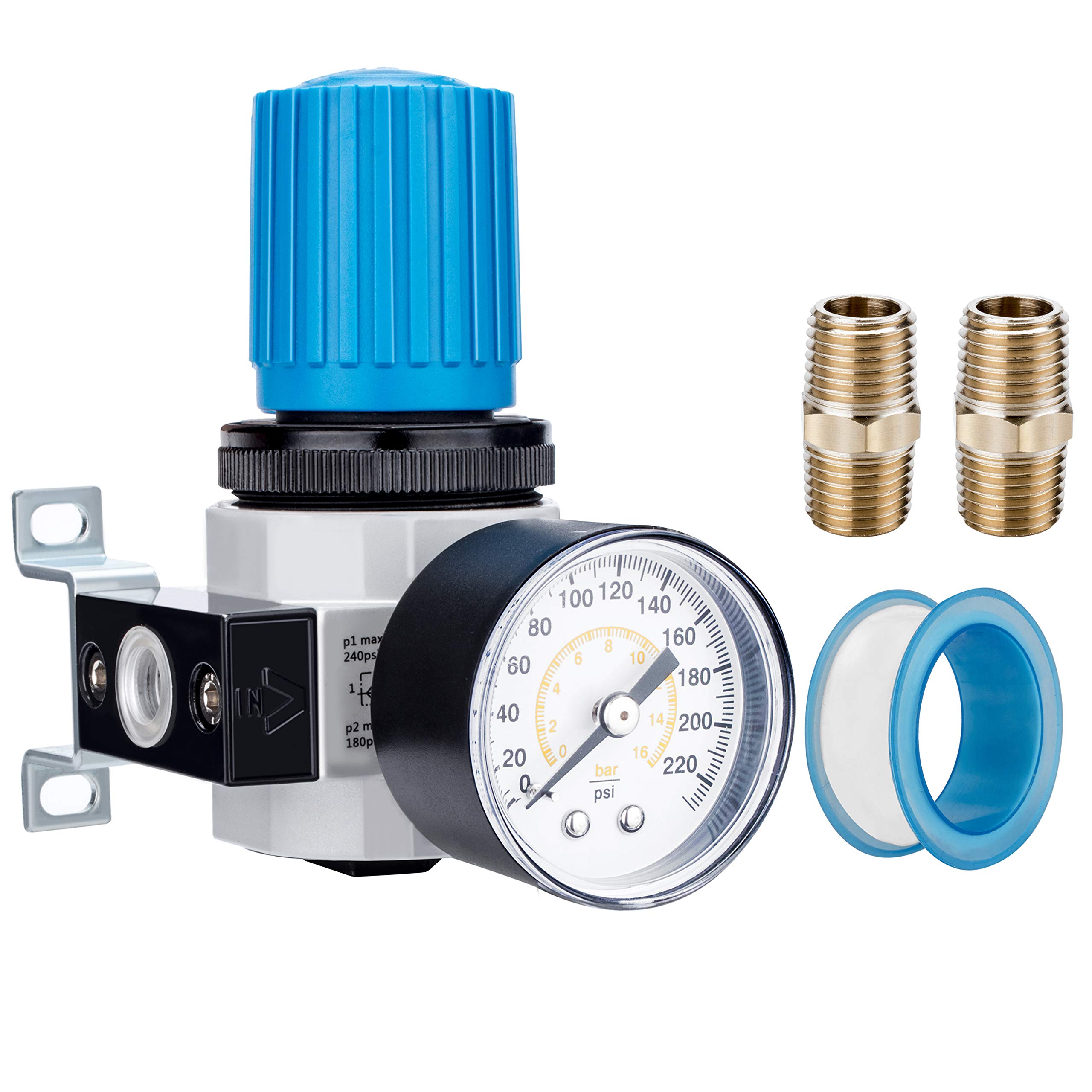 NANPU 1/4" BSP Zinc Alloy High Pressure Compressed Air Regulator with 16 Bar Steel-Protected Dial Gauge, for Air Compressor ＆ Air Tools