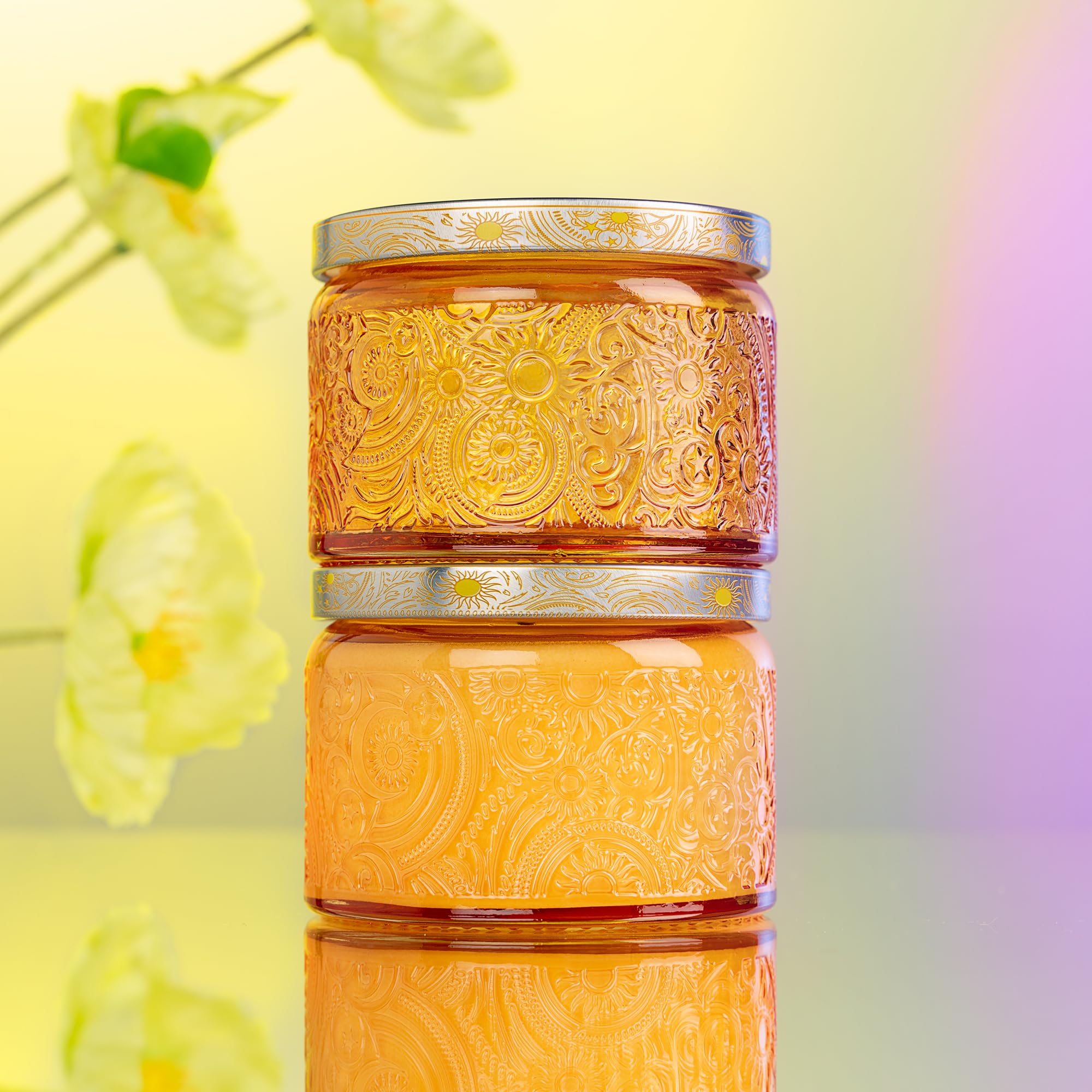 Photo 1 of 12-Pack 4oz Embossed Glass Candle Jars with Lids and Labels - Patented Sun Moon Stars Design for Candle Making, Home Décor (Orange)