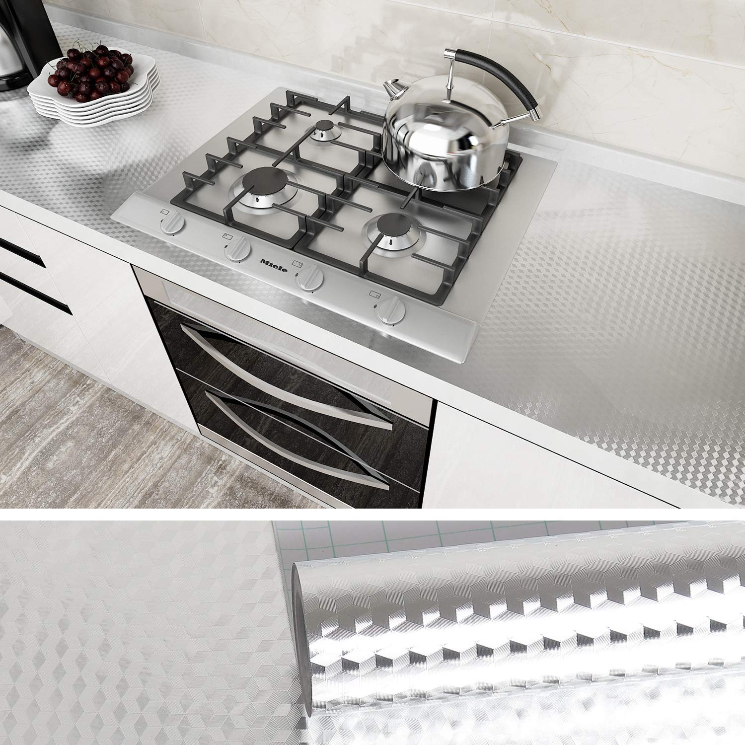 VEELIKE Silver Wallpaper Vinyl Washable Removable Wallpaper Peel and Stick Sticky Back Plastic Kitchen Worktop Covering Self Adhesive Contact Paper Vinyl Wrap for Cupboard Worktop 40cm x 600cm