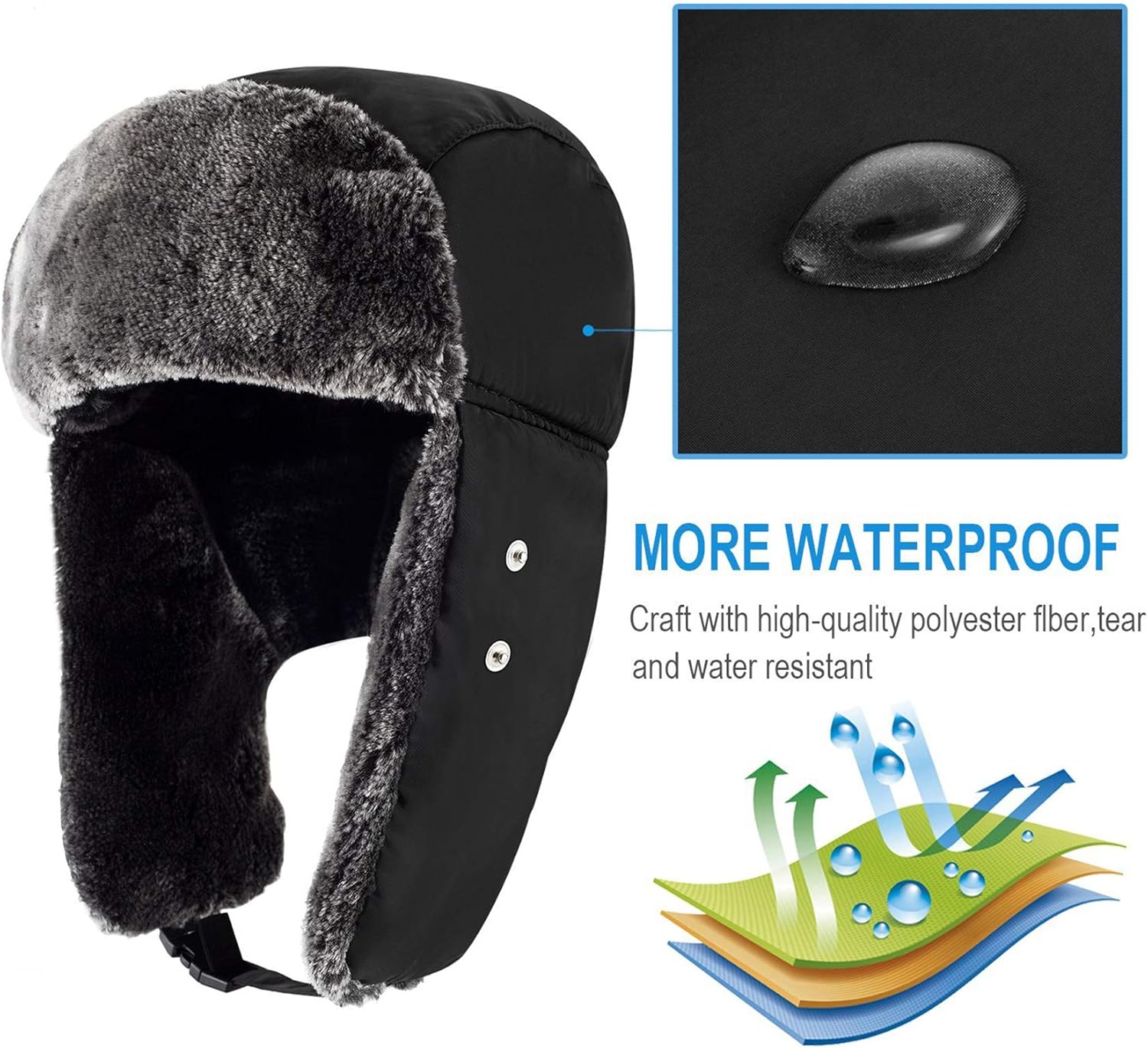 Mysuntown Unisex Winter Trooper Trapper Hat Hunting Hat Ushanka Ear Flap Chin Strap and Windproof Mask,Black,22-24 Inches ,One Size Fits All: Clothing
