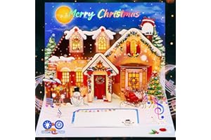 FaCraft Musical Christmas Cards, with Lights and Music, Decorated House, Handmade 3D Pop Up Christmas Card, with Envelope, Bl