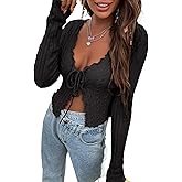 Floerns Women's Cute Early Fall Fashion Tie Front Ruffle V Neck Long Sleeve Crop Cable Knit Cardigan Sweaters 2025 Trendy