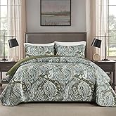 DJY Green Paisley Quilt Set King Size Boho Bedspread Coverlet Set 3 Pieces, Soft Lightweight Microfiber Dark Olive Green Paisley Floral Pattern Bedding Set for All Season, 110''x90''