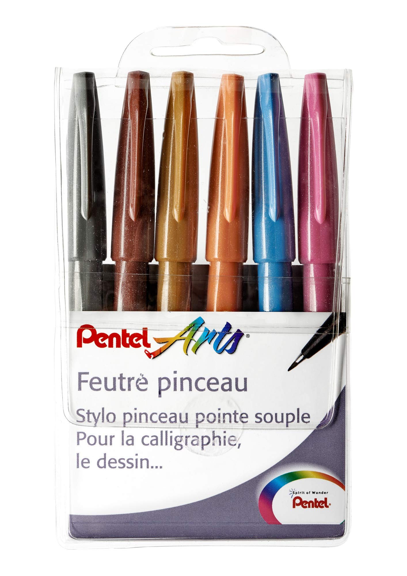 Pentel Pack of 6 Flexi Felt-tip Pens for Sketching/Calligraphy Assorted Colours Artist