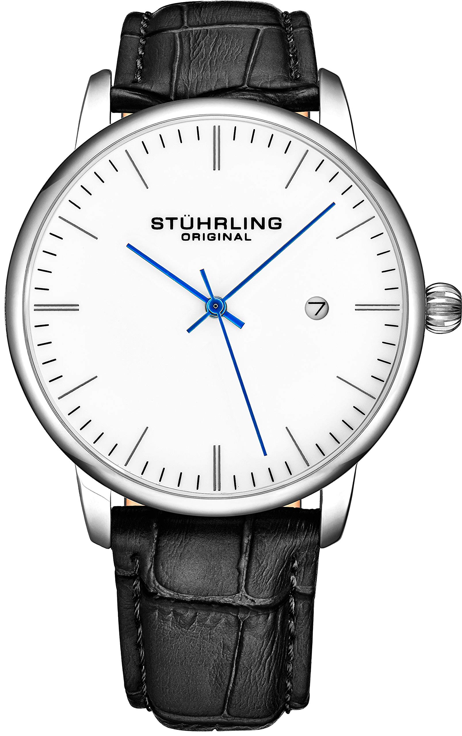 Stuhrling Original Chronograph Watch Men's Watches 44mm Steel Case Blue Dial with Leather Strap Tachymeter 24-Hour Subdial