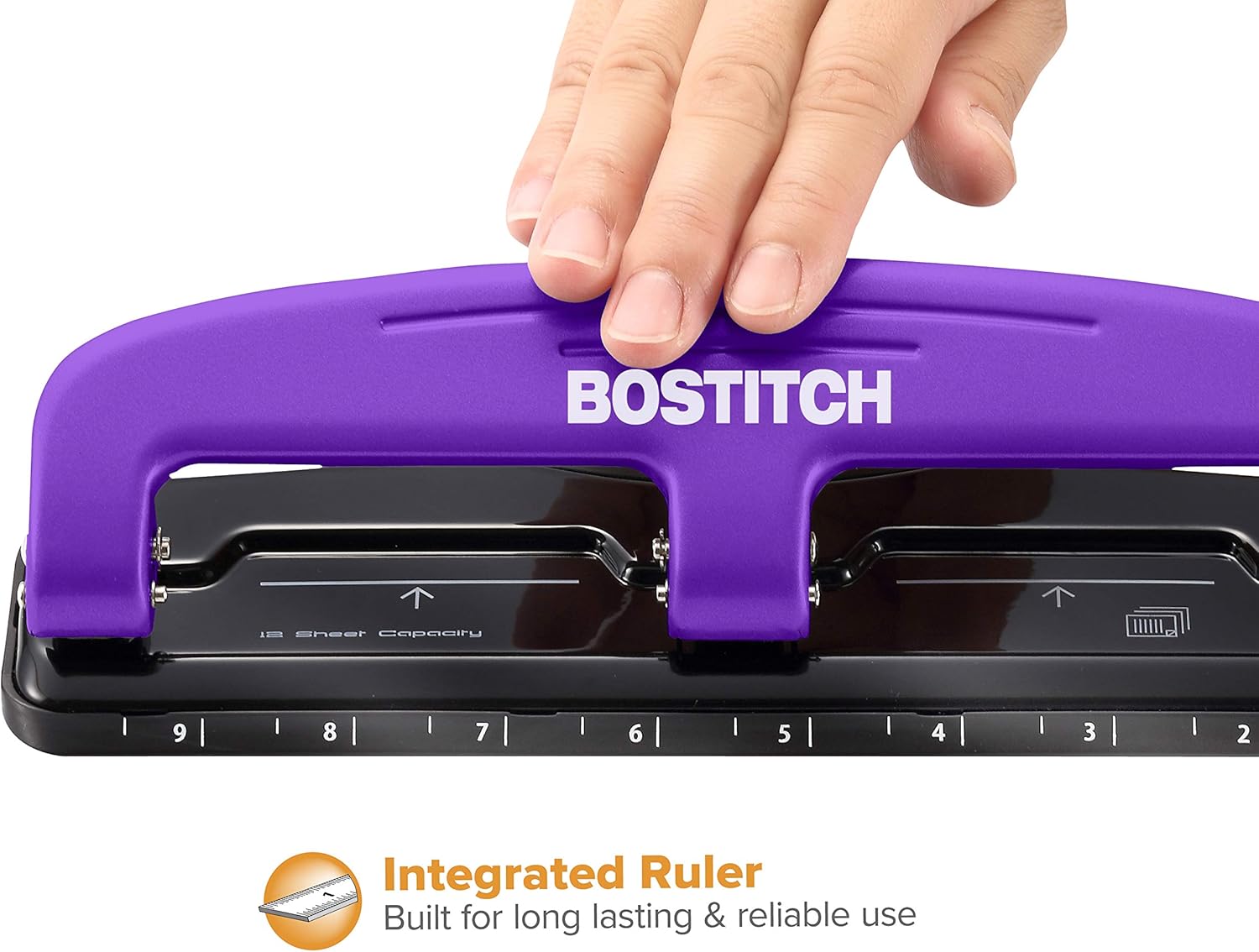 Bostitch Office EZ Squeeze Reduced Effort 3-Hole Punch, 12 Sheets, Purple (2105), 1.6" x 3" x 11" : Desk Staplers : Office Products