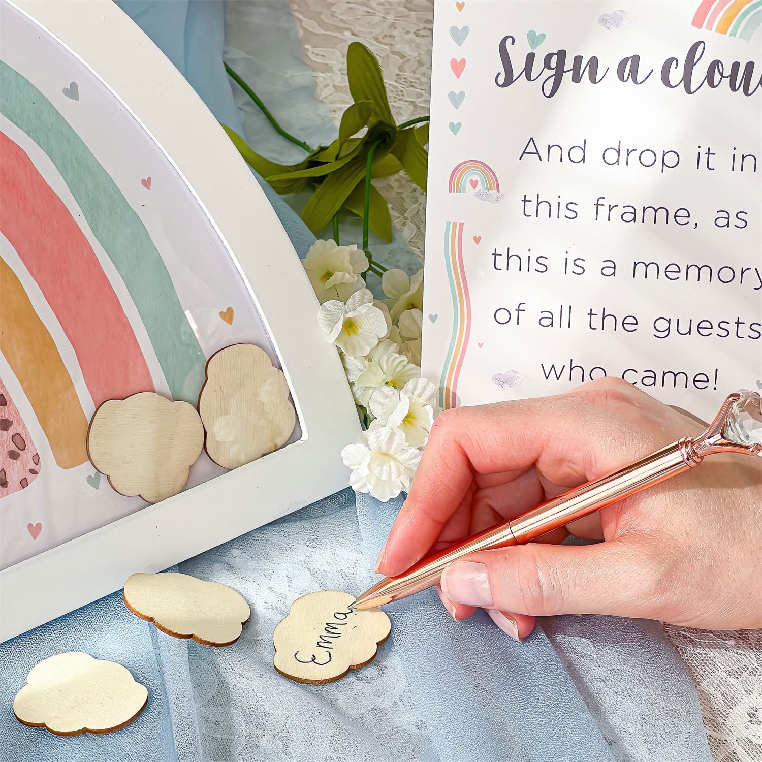 Boho Baby Shower Guest Book Alternative Rainbow Frame with 30 Wooden Clouds by Kate Aspen, Frame for Sonogram Picture, Rainbow Baby Shower Decorations & Keepsake, Nursery Decor