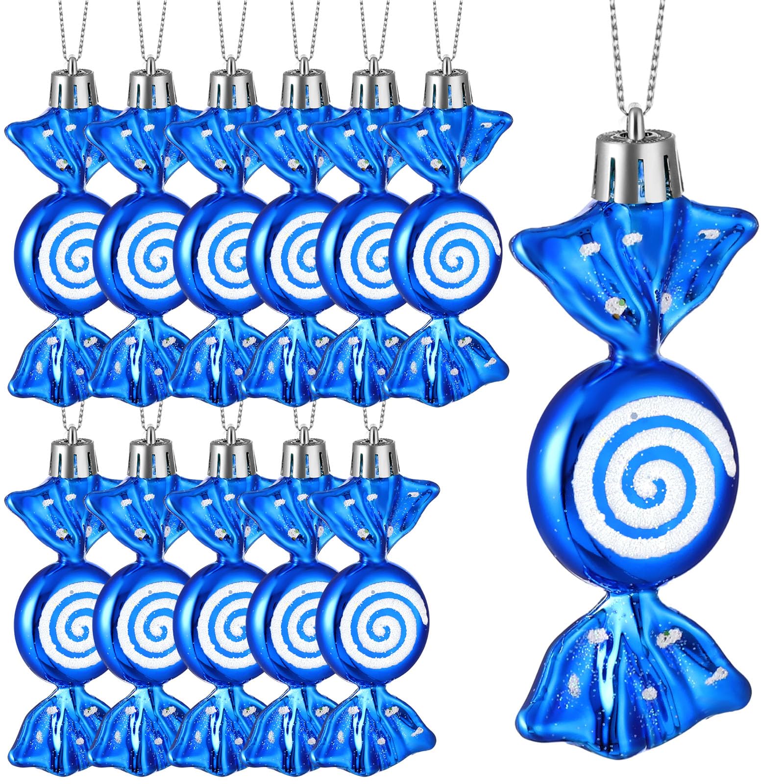 Threan 12 Pcs Christmas Candy Ornaments for Tree Decoration Hanging Glitter Candy Cane Christmas Peppermint Ornament with Golden Rope for Xmas Holiday Decoration(Blue,Plastic) — image 1