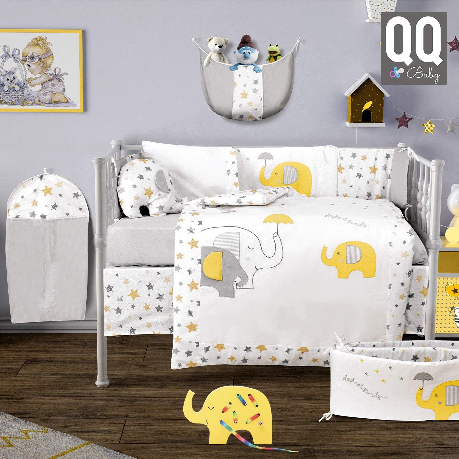 QoupQuru 10 Piece Baby Crib Bedding Set - 100% Turkish Cotton - Nursery Crib Bedding Sets for Boys & Girls - Elephant Design - 4 Color Variations by QQ Baby