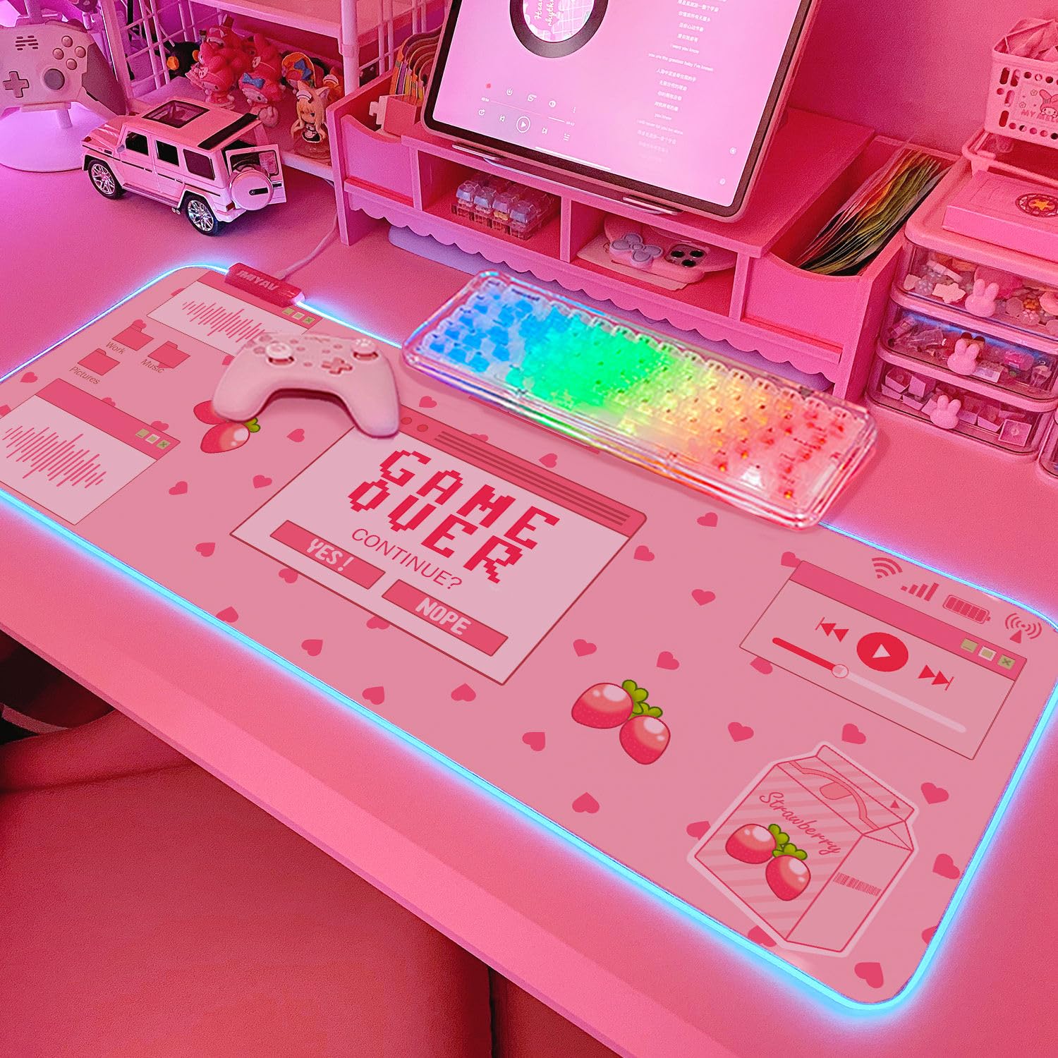 Photo 1 of JMIYAV Pink RGB Gaming Mouse Pad 31.5x12 Inch PC XL Large Extended Glowing Led Light Up Desk Pad Non-Slip Rubber Base Computer Mouse Pad Cute Mousepad Mat