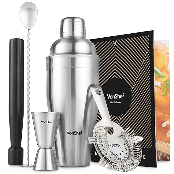 VonShef Edelstahl Manhattan Cocktail Set mit gedrehtem Barlöffel, Hawthorne-Sieb, 25ml/ 50ml Messbecher, Holz-Stößel, 550ml S
