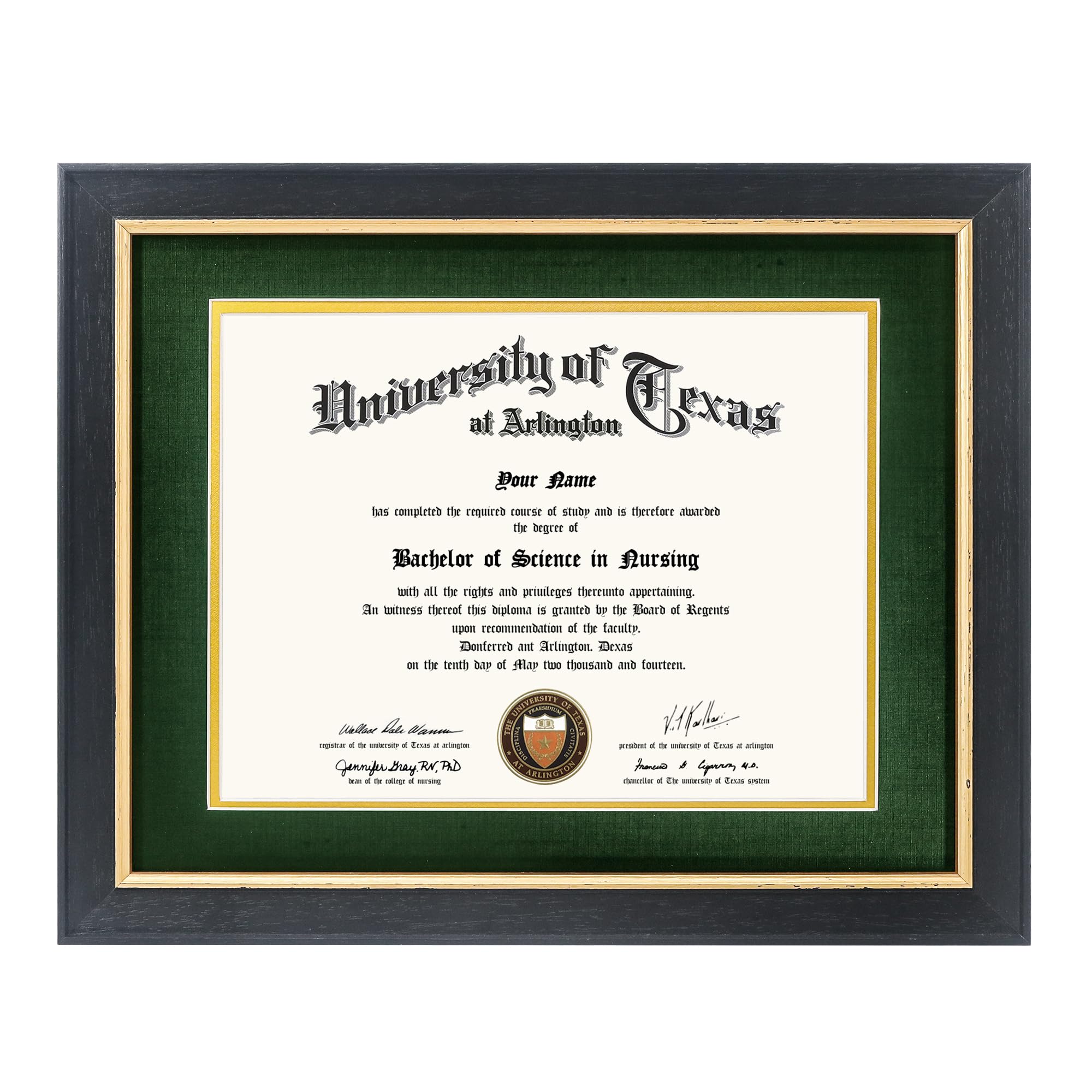 Photo 1 of GMFrames 8.5x11 Wood Diploma Frame with Green Mat or Display 11x14 Certificates without Mat,Tempered Glass,Rustic Black Finish with Gold Trim