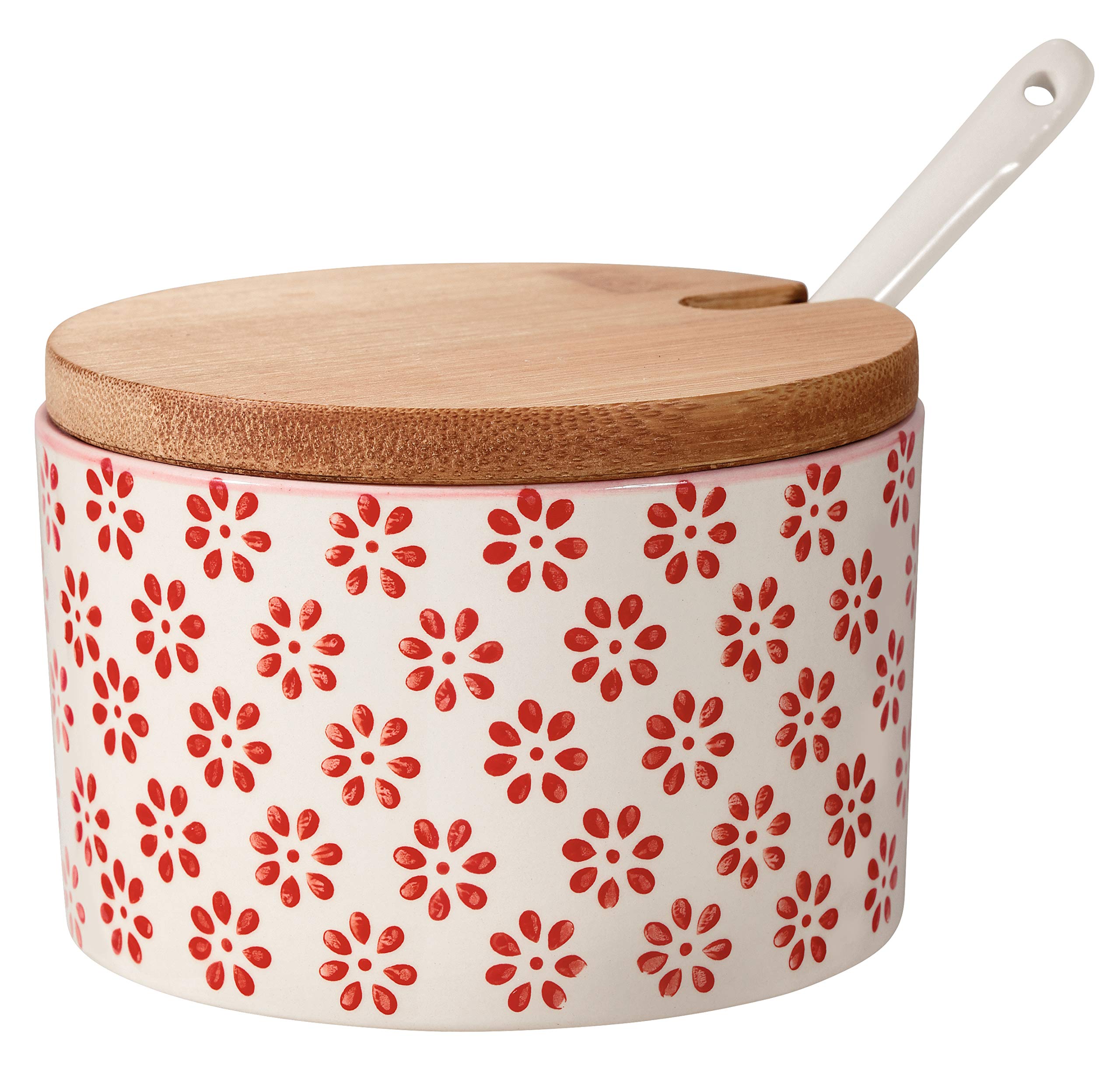 Bloomingville Ceramic Salt Jar with Lid/Spoon Susie - colorful Salt Jar pot dish for jam mustard Size Ø 10 cm Dia 4'' H 2.75'' - content 8.75 fl oz - content 250 ml, Stoneware, red