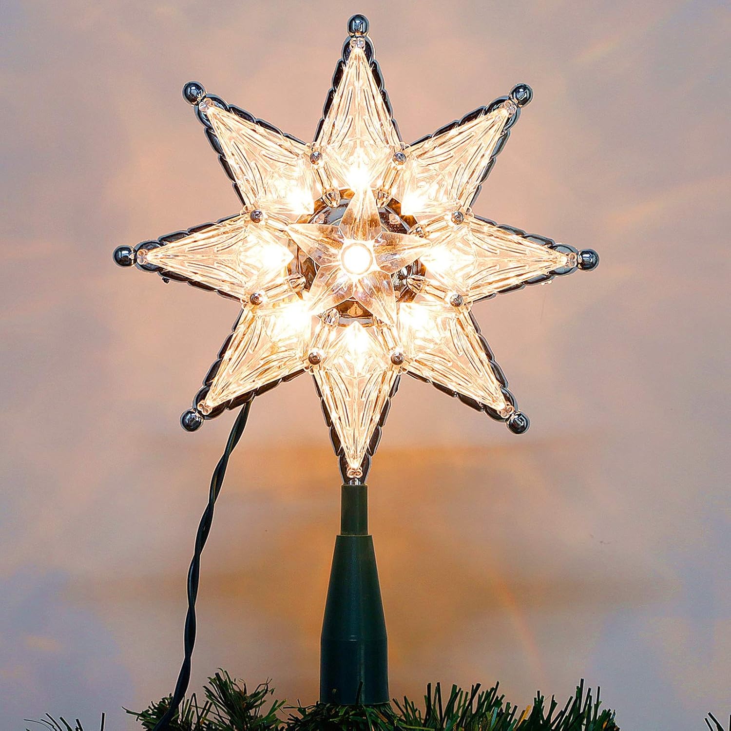 Tree Toppers - Twinkle Star Lighted Christmas Tree Topper, Clear 8-Point Star Xmas Treetop with 10 Incandescent Fairy MiniLights, Holiday Christmas Tree Decorations