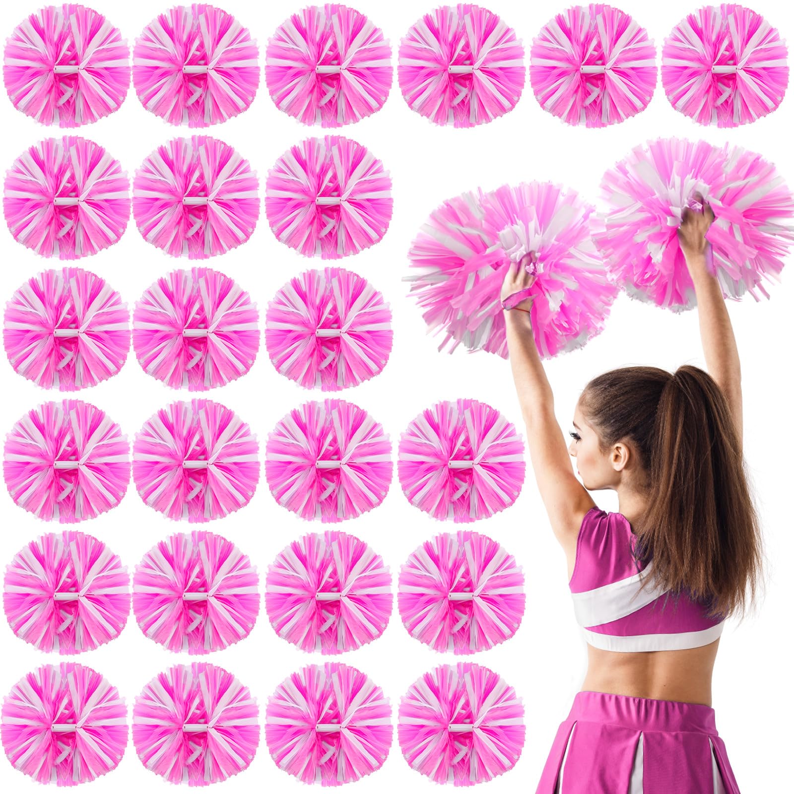 Photo 1 of Yunsailing 24 Pack Cheerleading Pom Poms with Baton Handle 14.5 Inch Metallic Cheering Squad Pompoms for Team Sports Football Dance Cheering Adults (Pink and White)