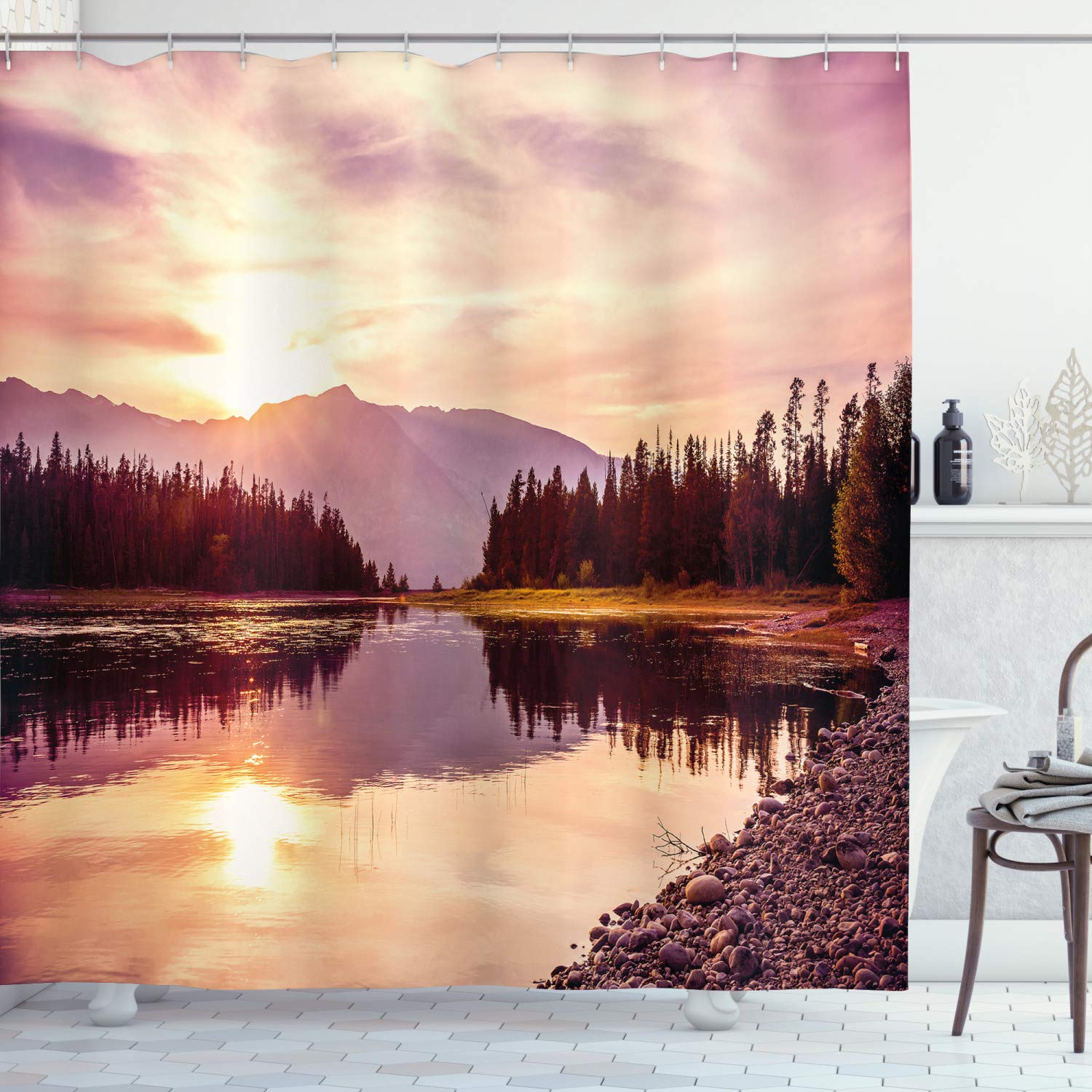 ABAKUHAUS Landscape Shower Curtain, Grand Teton Mountain Range at Sunset Jackson Lake Calm National Park USA, Cloth Fabric Bathroom Decor Set with Hooks, 70 Inches, Peach Pale Yellow