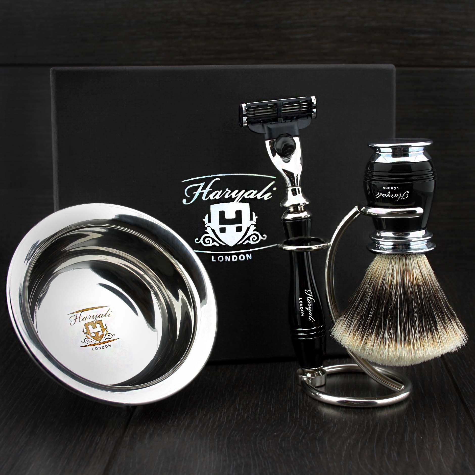 Men's Shaving Set in Black Colour Razor(Replaceable Head),Sliver Tip Badger Hair Brush, Dual Stand for Both Razor & Brush and Stainless Steel Bowl