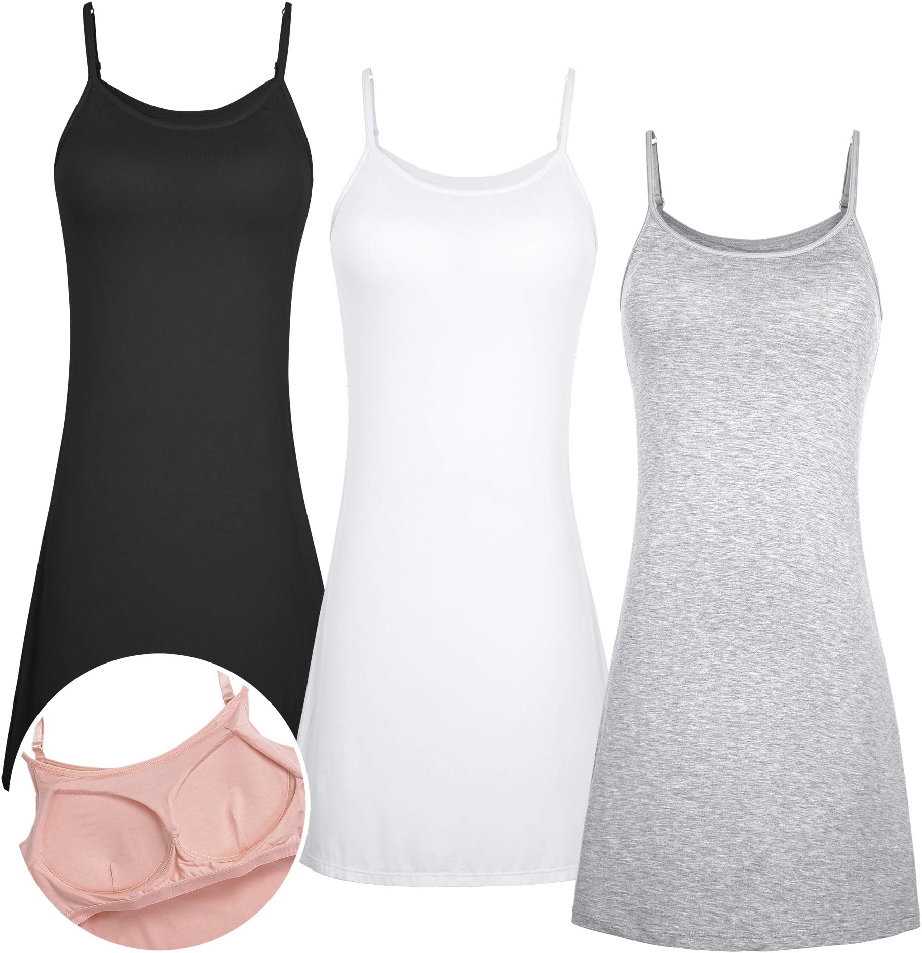 DYLH Woman Full Slip Nightdresses with Bult-in Bra Lingerie 3 Pack Night Dress Sleepwear Nightie Chemise Nightgown Cotton