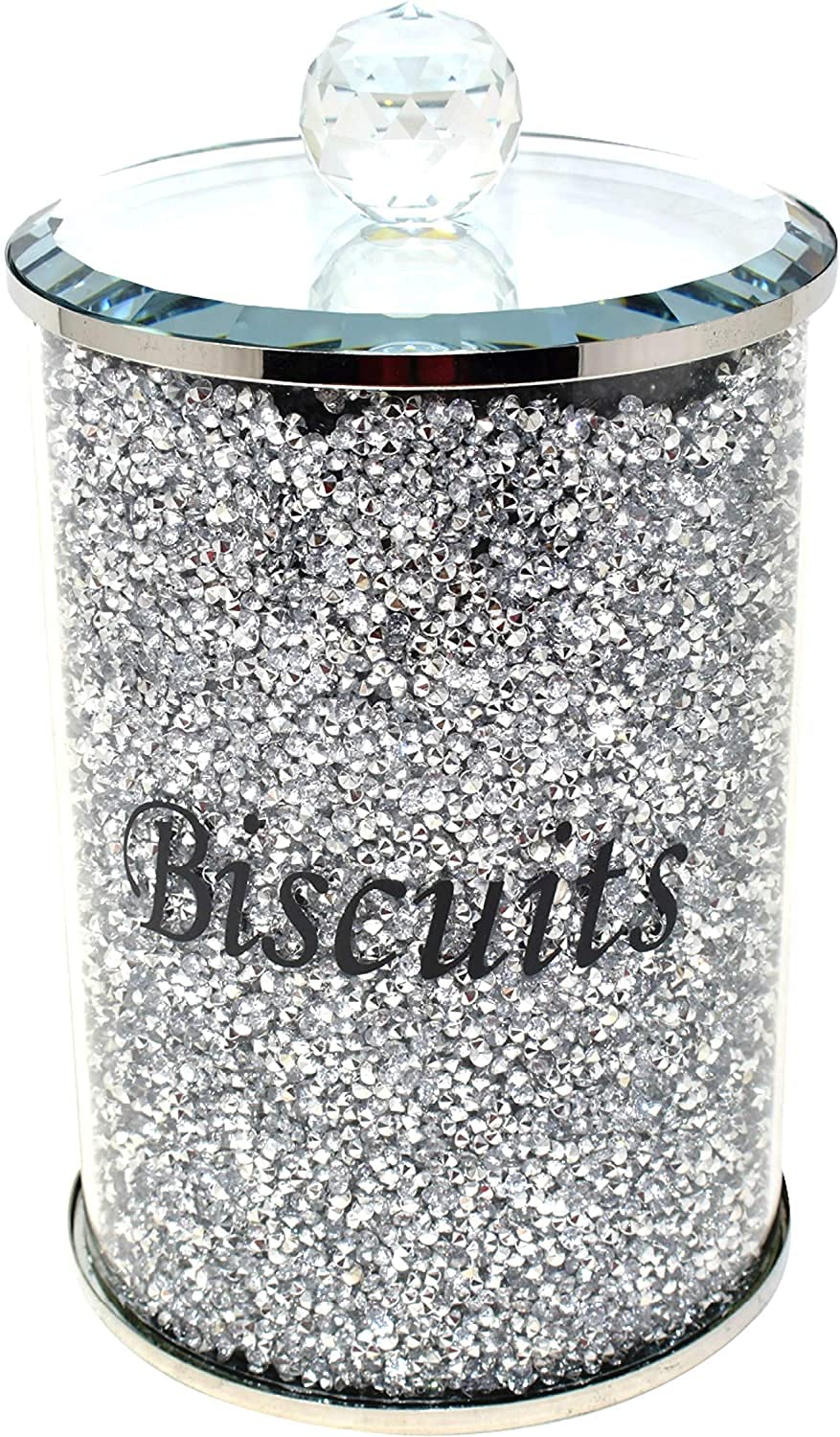 Amazing Gift Silver Diamond Crushed Biscuit Cookies Canister Jar Tin Kitchen Storage containers Silver Trimmings Crystal Filled