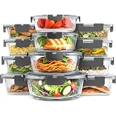 KICHLY 24 Pc Borosilicate Glass Meal Prep Containers with Lid,12 Pack, Grey | BPA Free, Square, Round, and Rectangular Glass Food Storage Containers with Lids, 12 Lids and 12 Containers