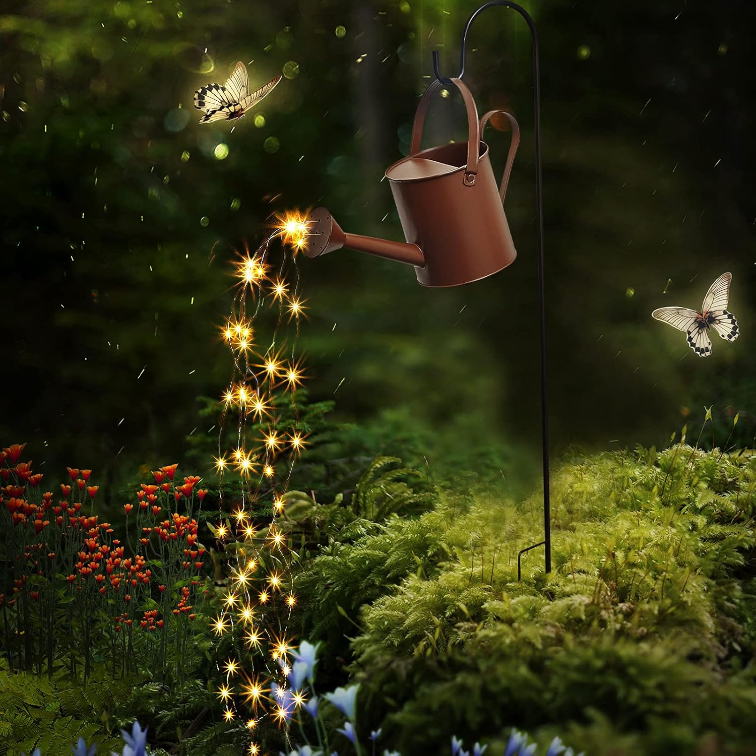 Star Shower Watering Can with Lights LED Lamp Watering Can Decorative Led Fairy Lights Outdoor Sculptures Statues with Bracket for Outdoor Indoor Garden Decoration