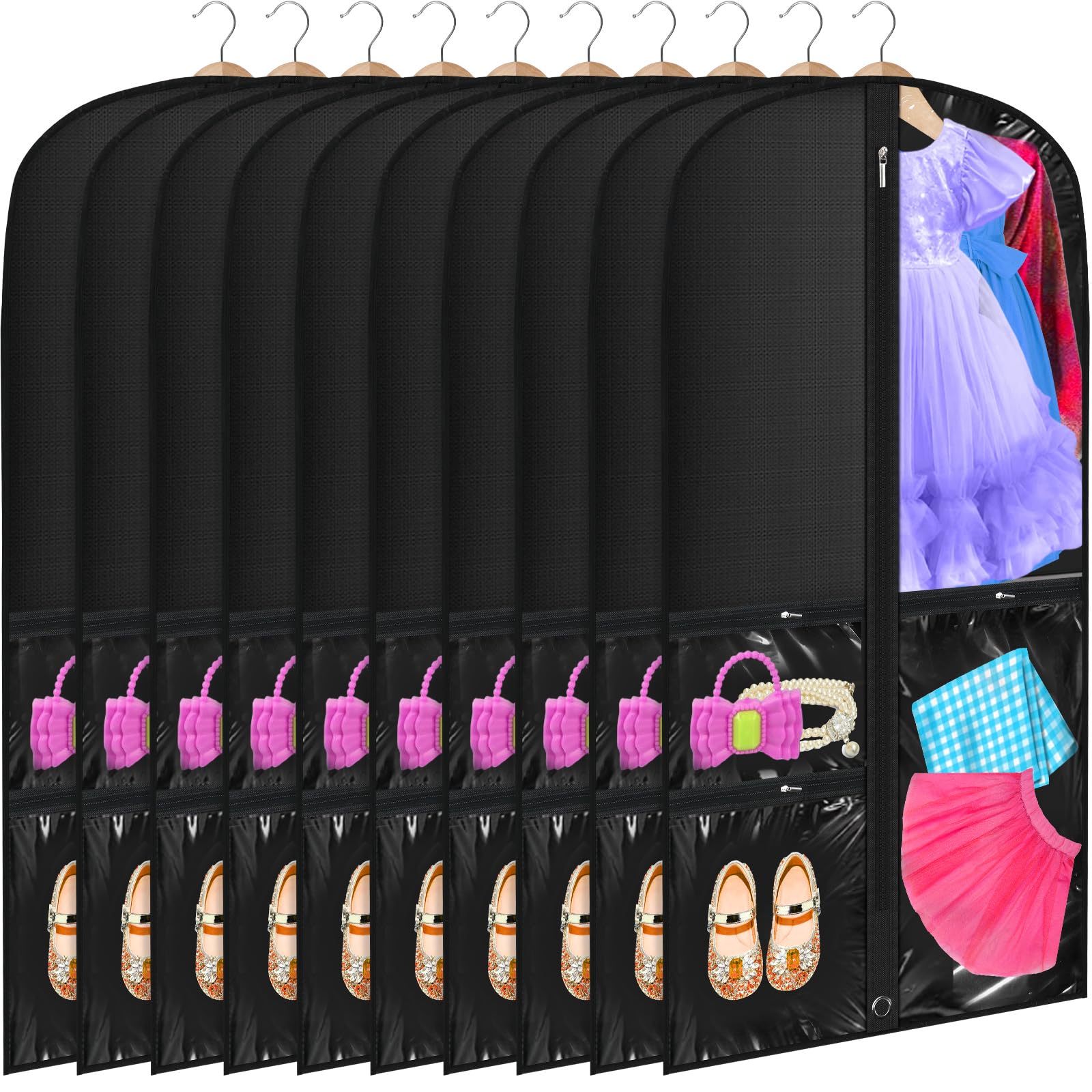 Photo 1 of Windyun 10 Pack Garment Bags for Dance Costumes Kids 40 Inch Clothing Bags Hanging Clothes with 3 Clear Zipper Pocket Waterproof Garment Cover for Dance Competition, Travel, Closet Storage(Black)