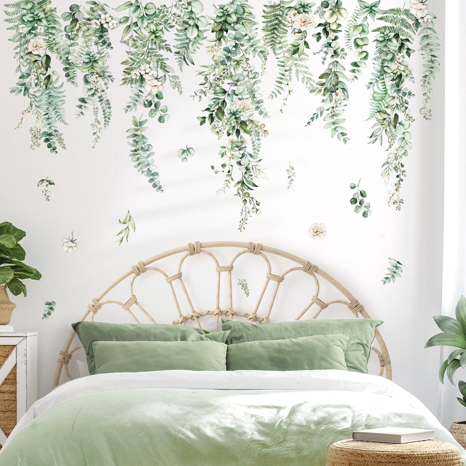 Photo 1 of decalmile Large Hanging Vines Wall Decals Green Plants Tropical Leaves Flower Wall Stickers Bedroom Living Room Sofa TV Background Wall Decor