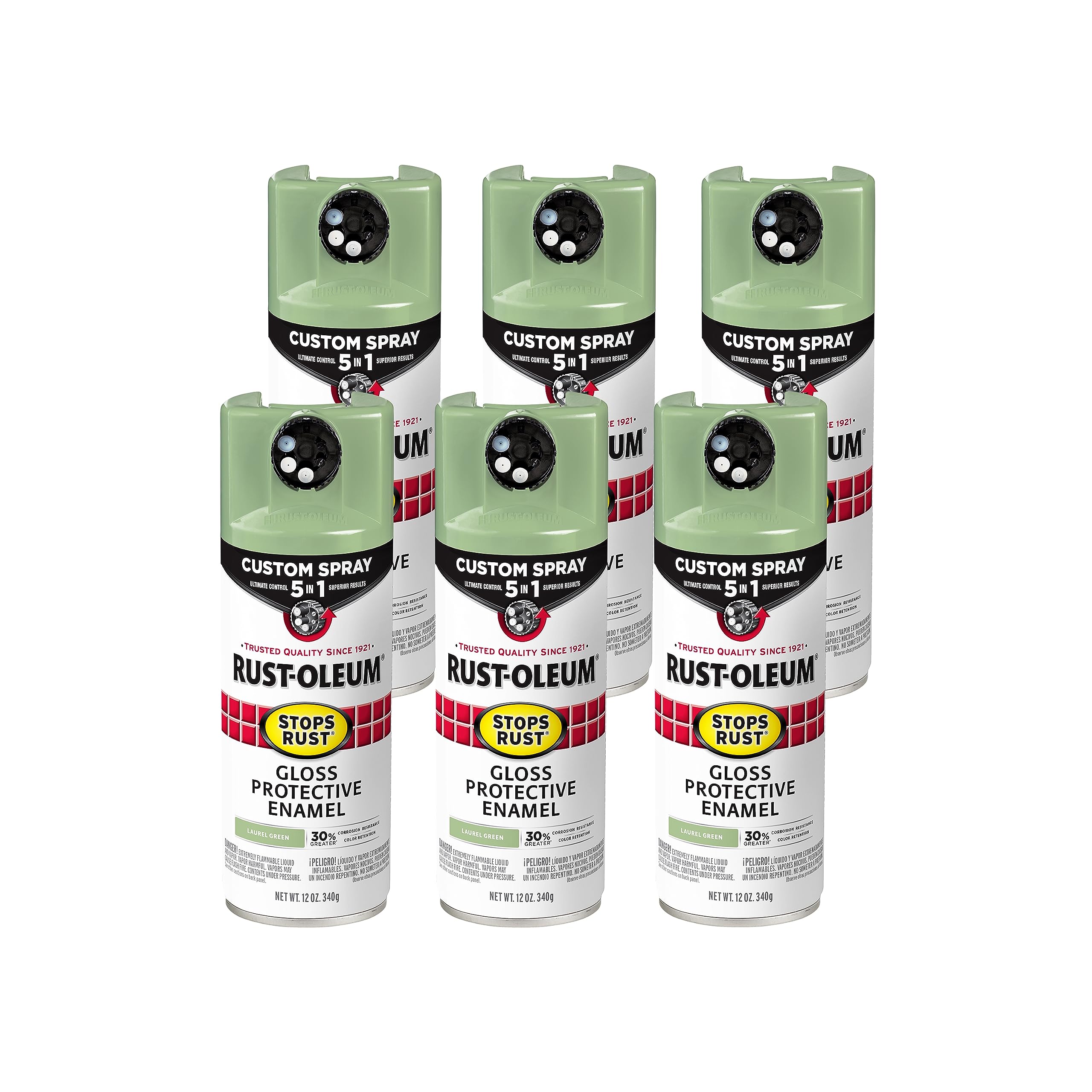 Rust-Oleum 384753-6PK Stops Rust Custom Spray 5-in-1 Spray Paint, 12 oz, Gloss Laurel Green, (Pack of 6) Image