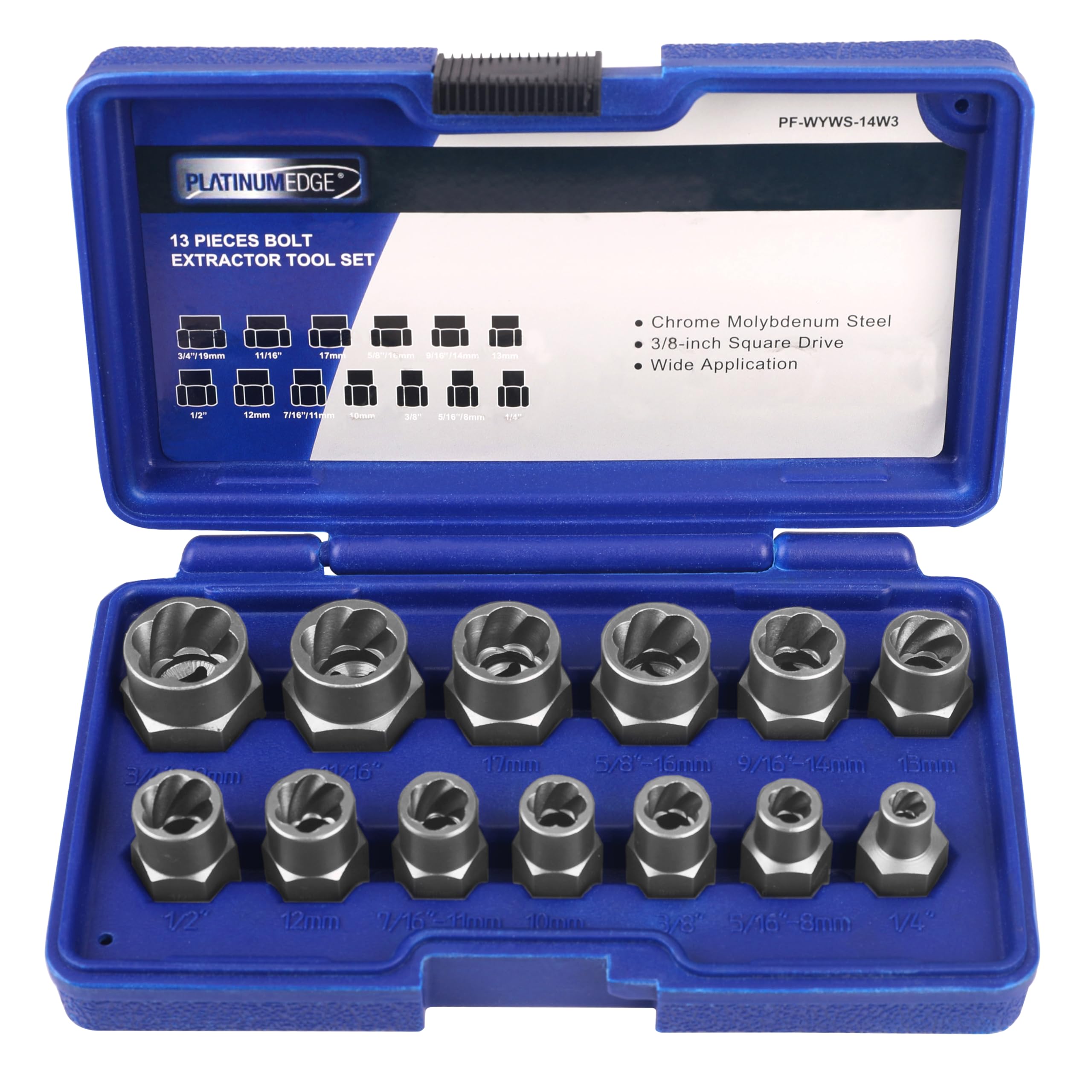 Photo 1 of PLATINUMEDGE 13 Pieces Impact Bolt & Nut Remover Set, Stripped Bolt Extractor Set, Cr-Mo Extraction Tool Set with Solid Storage Case, Easy Out Rusted Rounded Damaged Nuts and Bolts