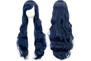IMISSU 80cm Long Curly Natural Hair Cosplay Wig with Bangs Colorful Halloween Costume Party Wigs for Women (Dark Blue)