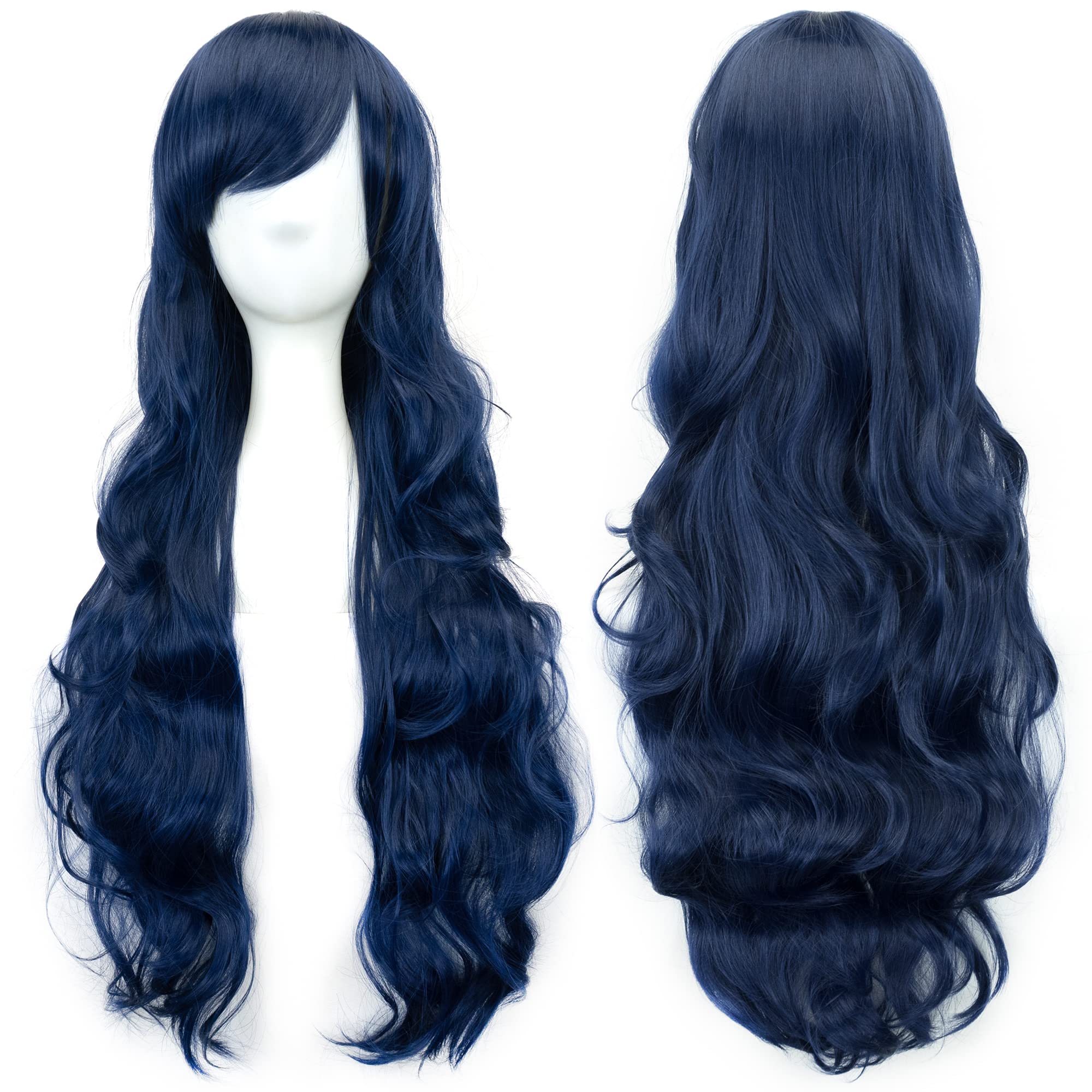 IMISSU 80cm Long Curly Natural Hair Cosplay Wig with Bangs Colorful Halloween Costume Party Wigs for Women (Dark Blue)