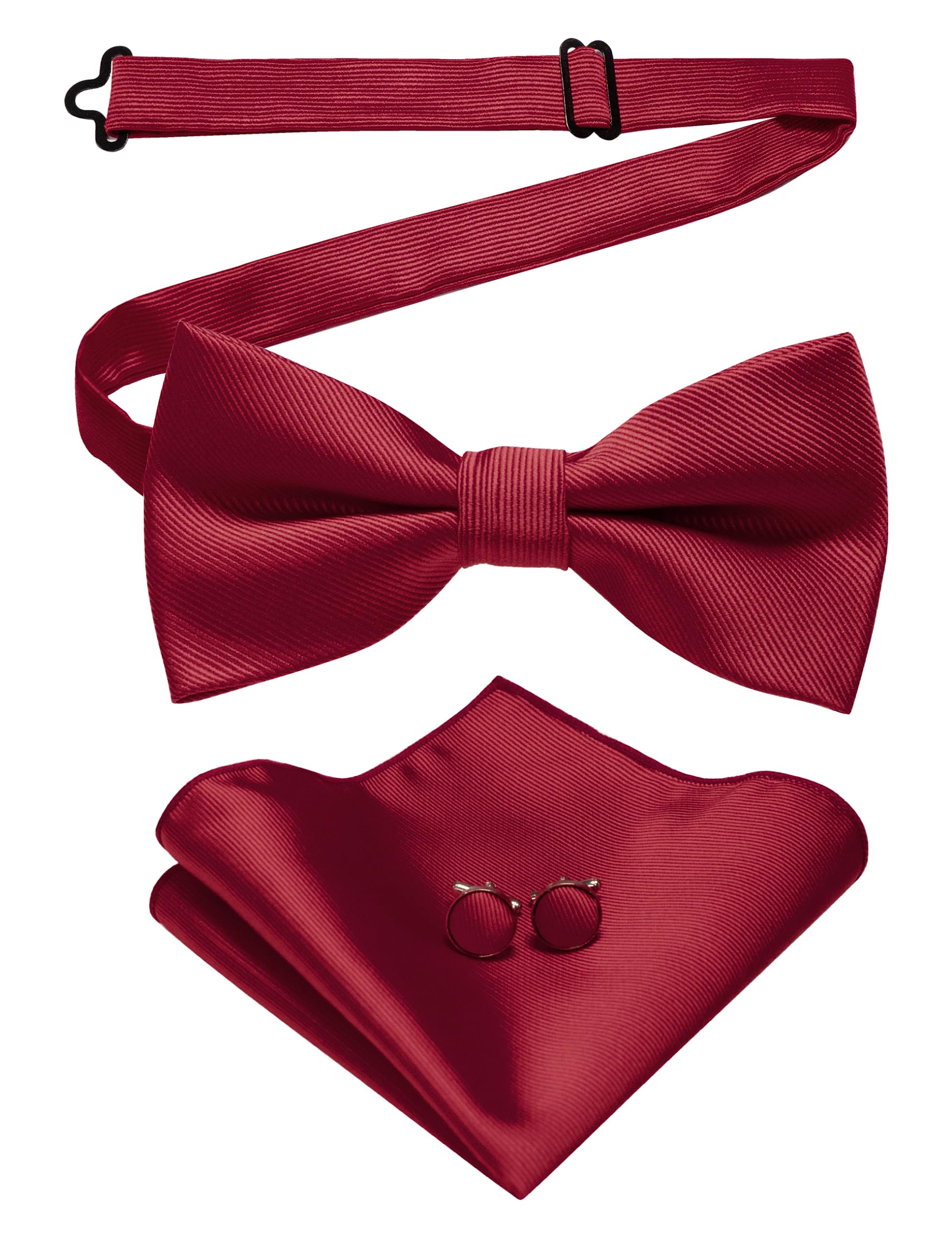 JEMYGINS Burgundy Bow Tie Wedding Silk Bowtie and Pocket Square Hankerchief with Cufflinks Sets for Men(4)