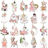 MorningRo 20 Pcs Vintage Christmas Hanging Ornaments Metal Tree Ornaments Santa Snowman Reindeer Snowman Rustic Farmhouse Christmas Tree Decorations for Xmas Winter Holiday Celebrations (Cute,Pink)