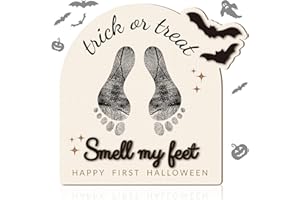 Beeveer Baby's First DIY Footprint Art Wooden Milestone Card Keepsake Little Boo Sign Nursery Decorative Ornaments for Baby Shower Newborn Photoshoot Prop(Halloween Retro)