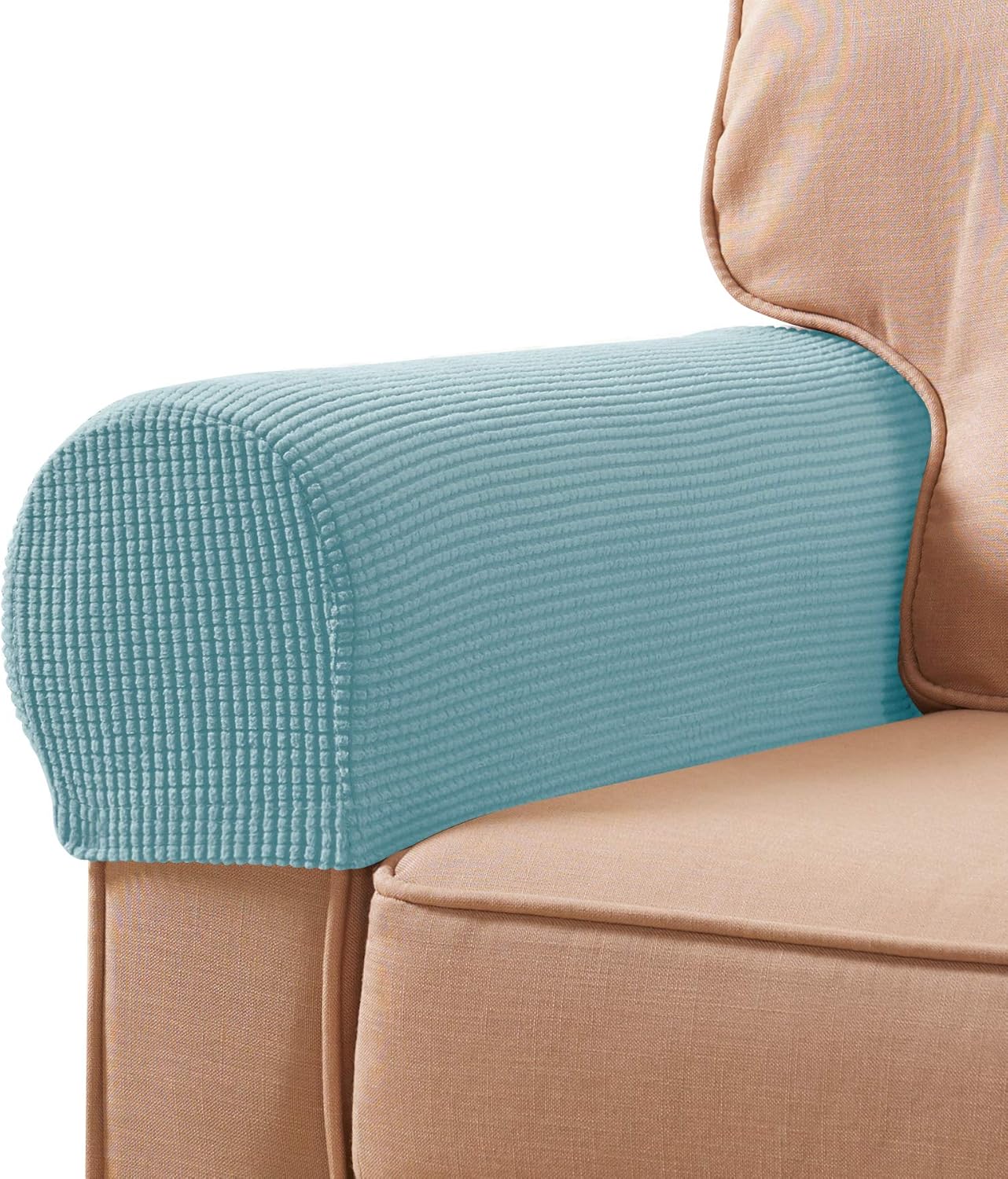 subrtex Spandex Stretch Fabric Armrest Covers Anti-Slip Furniture Protector Armchair Slipcovers for Recliner Sofa Set of 2 with Free Fixing Tools Twist Pins (Steel, Two Pieces, 2pcs, light blue