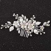 SWEETV Silver Bridal Hair Comb for Wedding Hair Accessories, Handmade with Crystals, Pearls, and Leaves, 4.72 x 2.75 inches, for Brides, Women