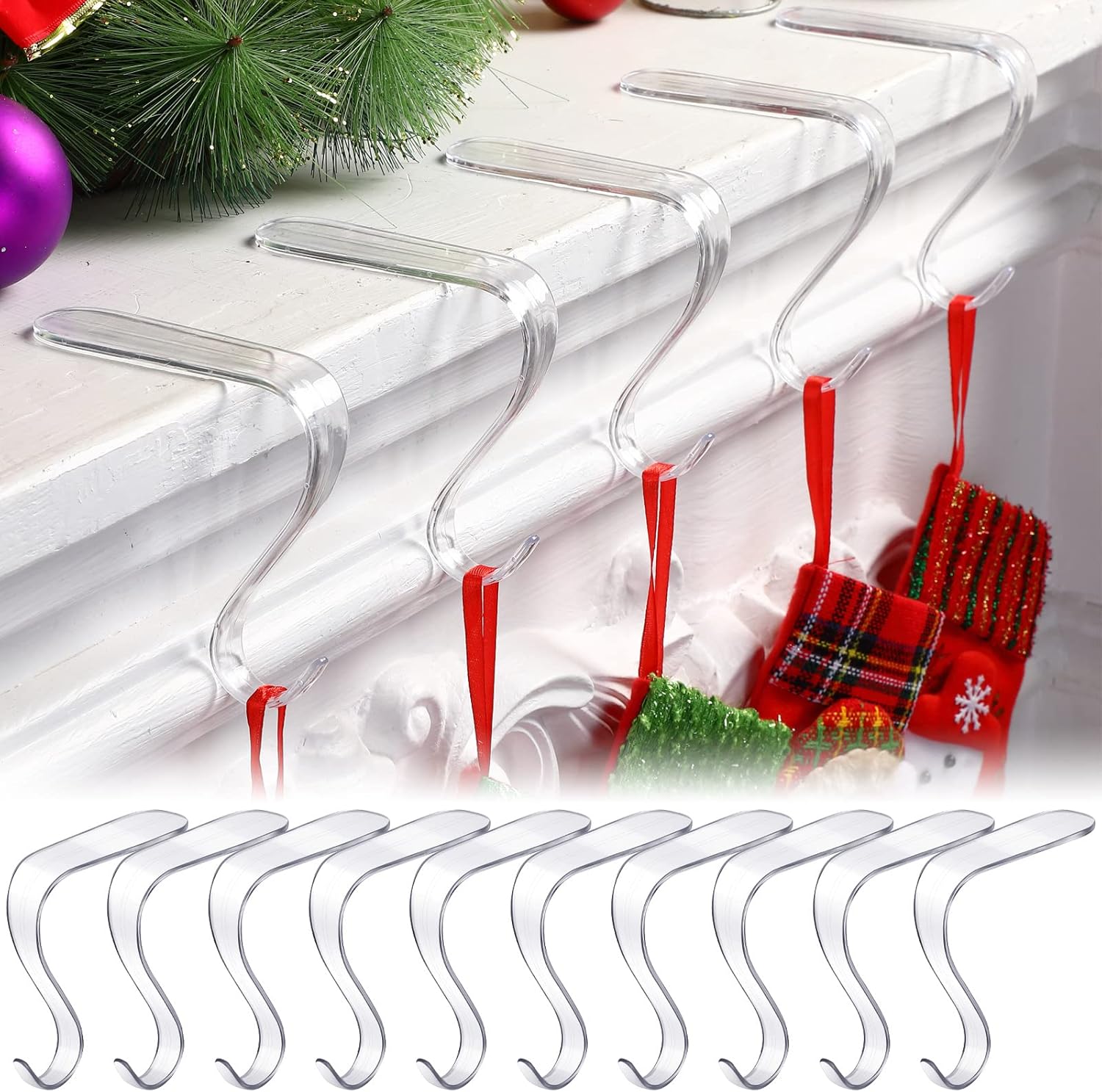 Stockings & Holders - Jetec Christmas Stocking Holders Acrylic Stocking Hangers for Mantel Transparent Stocking Hangers Non Slip Fireplace Stockings Holders Clear Stocking Holder Hooks for Party Xmas Decor (10 Pieces)