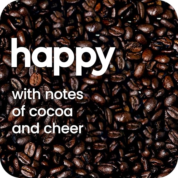 HAPPY COFFEE DARK ROAST GROUND COFFEE, 12 OZ., NOTES OF COCOA & CHEER, RECYCLABLE CONTAINER, GROWN & HARVESTED IN BRAZIL, RWANDA & COLOMBIA